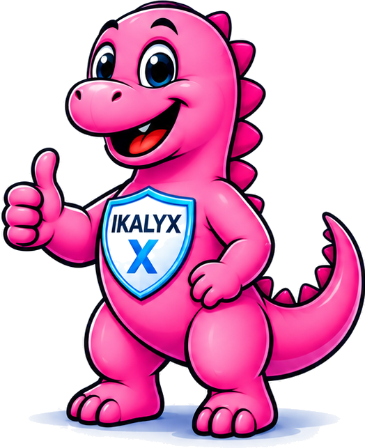 Ikalyx pink dinosaur mascot with full corrected tail
